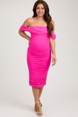 Fuchsia Off Shoulder Sleeveless Ruched Mesh Maternity Midi Dress