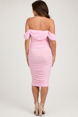 Light Pink Off Shoulder Sleeveless Ruched Mesh Maternity Midi Dress