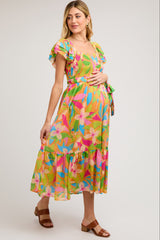 Orange Floral Print Flounce Sleeve Maternity Midi Dress