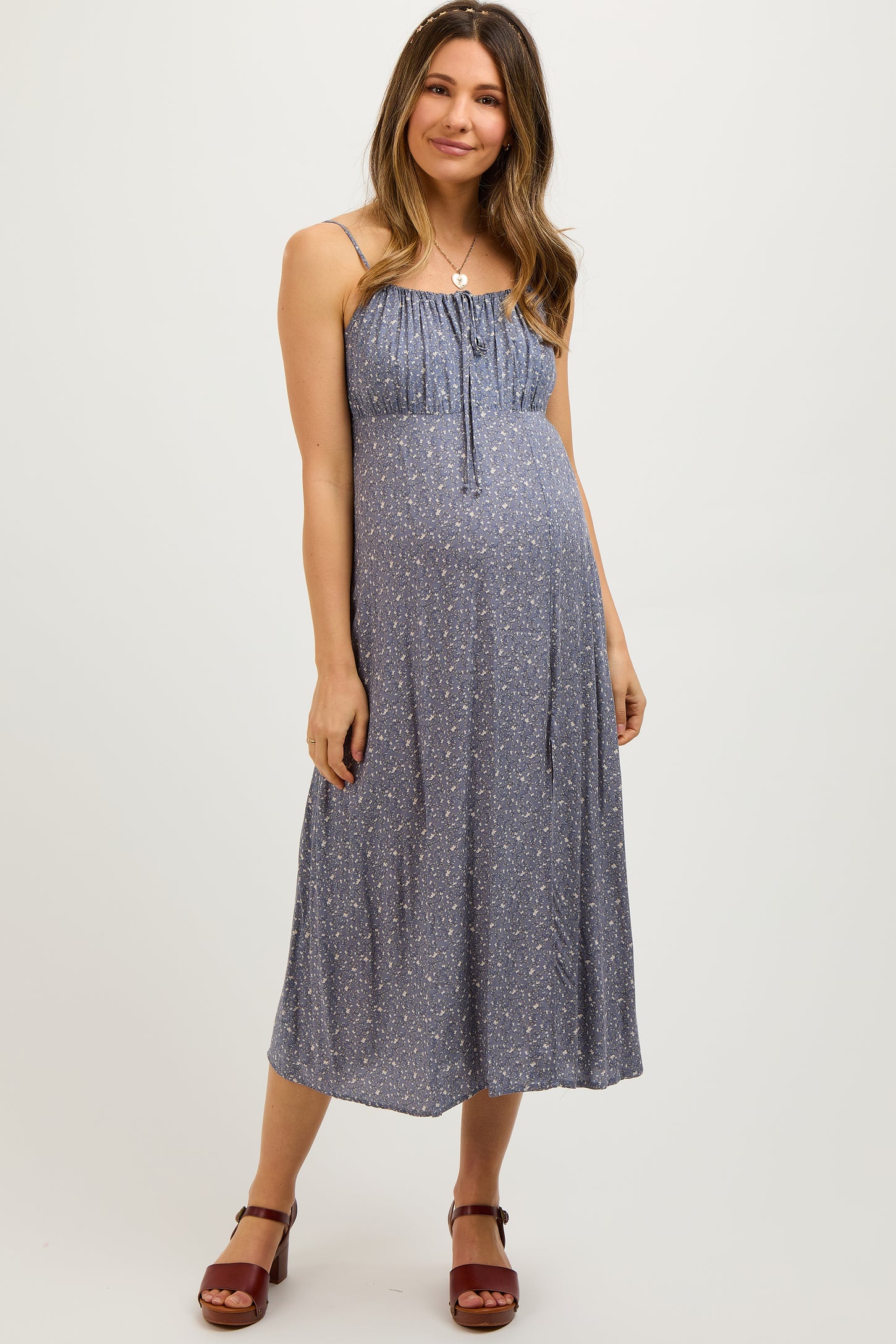 Blue Ditsy Floral Side Slit Maternity Midi Dress