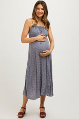 Blue Ditsy Floral Side Slit Maternity Midi Dress