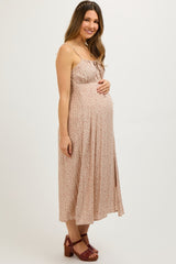 Beige Ditsy Floral Side Slit Maternity Midi Dress