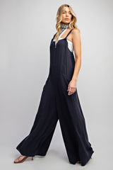 Dark Navy Linen Wide Leg Jumpsuit Pants