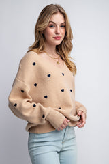 Taupe Heart Pattern Boxy Knit Pullover Sweater