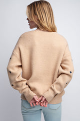 Taupe Heart Pattern Boxy Knit Pullover Sweater