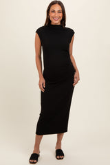 Black Ribbed Maternity Ruched Midi Dress