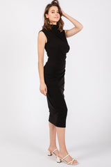 Black Ribbed Ruched Midi Dress