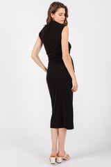 Black Ribbed Ruched Midi Dress