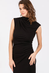 Black Ribbed Ruched Midi Dress