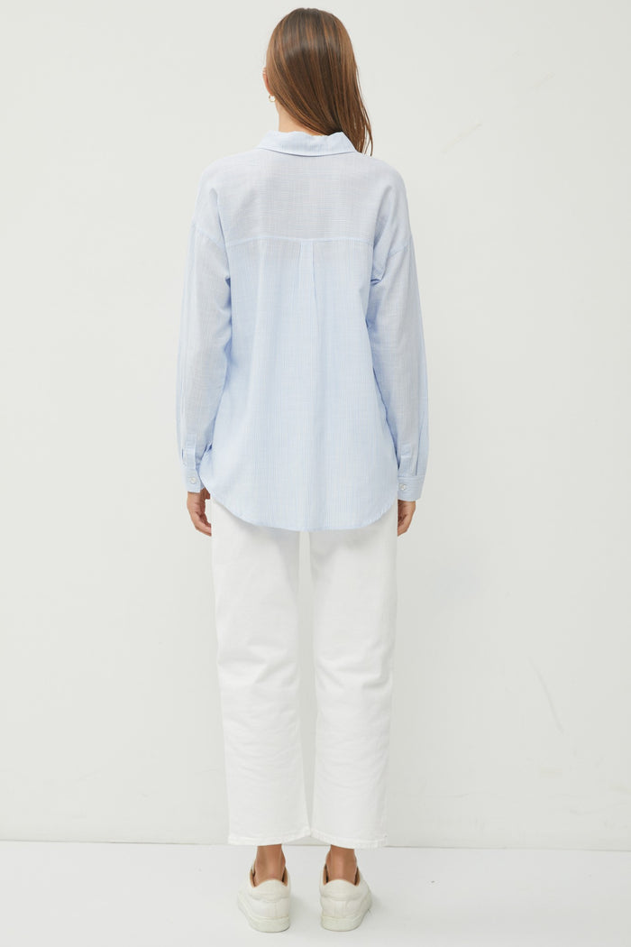 Light Blue Striped Basic Button Down Top