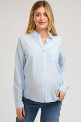 Light Blue Striped Basic Button Down Maternity Top