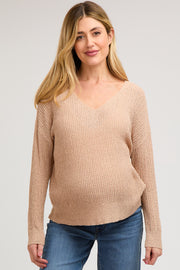 Beige Knit V-Neck Maternity Long Sleeve Top