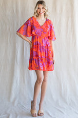 Orange Red Print Chiffon Short Bell Sleeves Dress