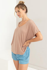 Beige Short Dolman Sleeve V-Neck Top