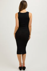 Black Sleeveless Ribbed Maternity Midi Dress