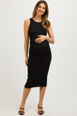 Black Sleeveless Ribbed Maternity Midi Dress