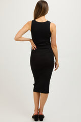 Black Sleeveless Ribbed Maternity Midi Dress