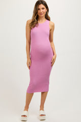 Pink Sleeveless Ribbed Maternity Midi Dress