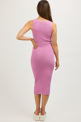 Pink Sleeveless Ribbed Maternity Midi Dress