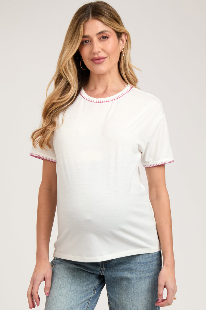 Ivory Embroidered Stitch Short Sleeve Maternity Top
