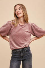 Mauve Texture Velvet Bubble Sleeve Top