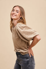 Taupe Texture Velvet Bubble Sleeve Top