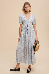 Ivory Floral Button Down Front Slit Maxi Dress