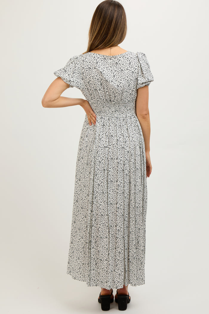 Ivory Floral Button Down Front Slit Maternity Maxi Dress