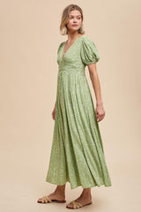 Sage Floral Button Down Front Slit Maxi Dress