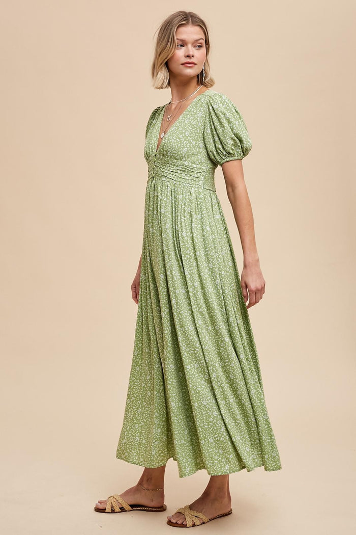 Sage Floral Button Down Front Slit Maxi Dress