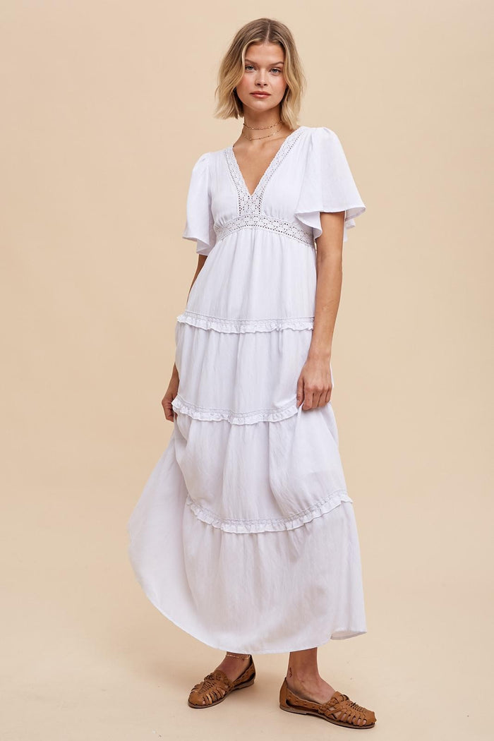 Ivory Crochet Lace Tiered Maternity Maxi Dress