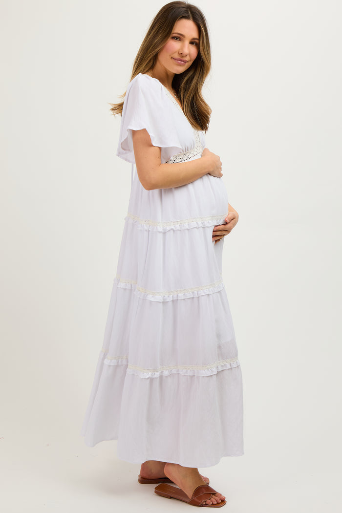 Ivory Crochet Lace Tiered Maternity Maxi Dress
