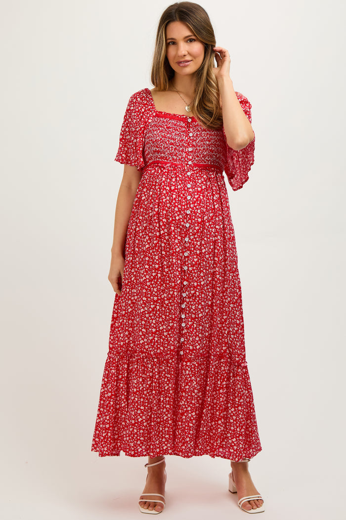 Red Floral Button Front Maternity Midi Dress