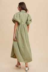 Sage Smock Detail Puff Sleeve Midi Dress