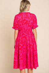 Fuchsia Print Ruffle Trim Tiered Dress