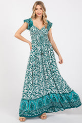 Green Floral Off Shoulder Smocked Maxi Dress