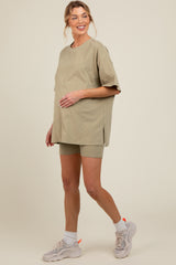 Light Olive Biker Short Maternity Lounge Set