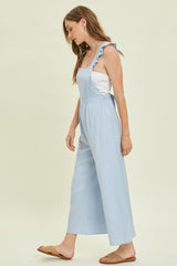 Powder Blue Wide Leg Linen Jumpsuit With Ruffled Straps