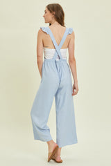 Powder Blue Wide Leg Linen Jumpsuit With Ruffled Straps