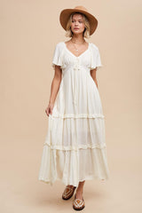 Cream Crochet Lace Tiered Ruffle Maternity Maxi Dress