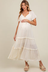 Cream Crochet Lace Tiered Ruffle Maternity Maxi Dress