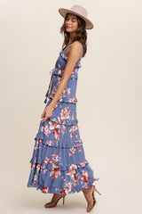 Blue Floral Sleeveless Tiered Maxi Dress