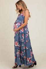 Blue Floral Sleeveless Tiered Maternity Maxi Dress