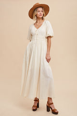Cream Smocked Puff Sleeve Maxi Dress
