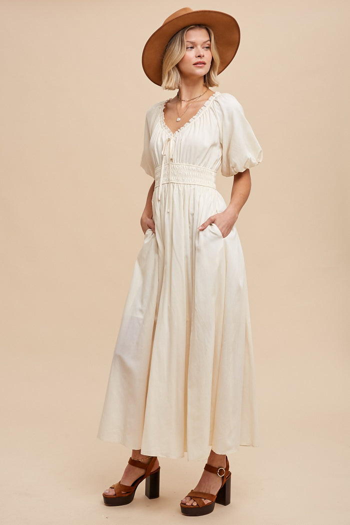 Cream Smocked Puff Sleeve Maternity Maxi Dress