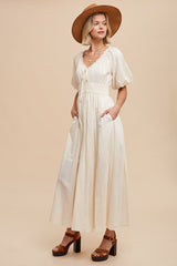 Cream Smocked Puff Sleeve Maxi Dress