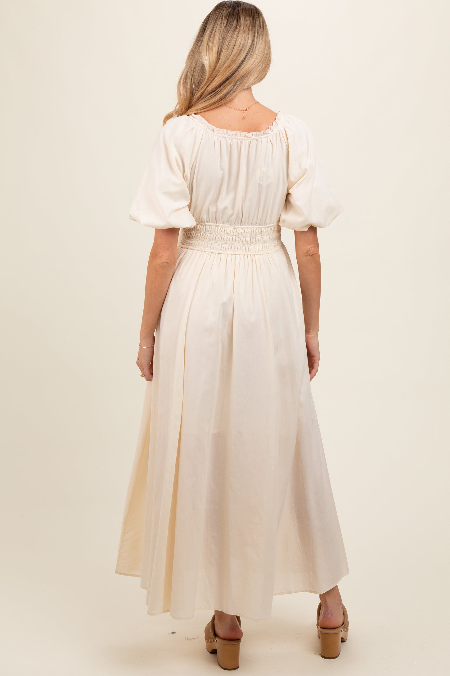Cream Smocked Puff Sleeve Maternity Maxi Dress