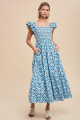 Blue Floral Smocked Flutter Cap Sleeve Maternity Maxi Dress