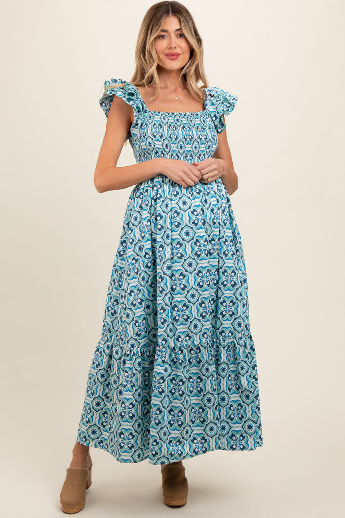 Blue Floral Smocked Flutter Cap Sleeve Maternity Maxi Dress