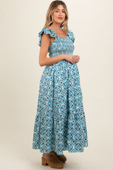 Blue Floral Smocked Flutter Cap Sleeve Maternity Maxi Dress